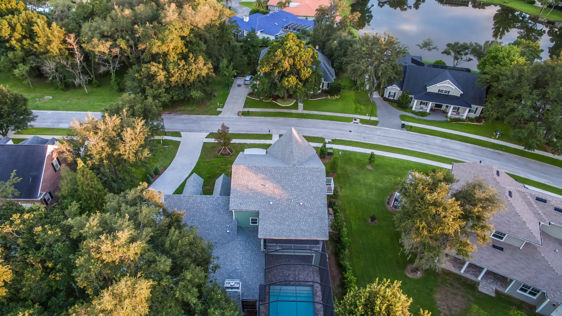 Aerial view of luxury custom home in a private community in St. Petersburg FL