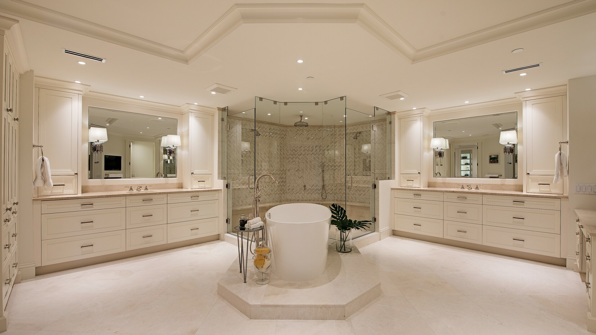 Primary bathroom boasting an oversized floating tub and walk-in shower, St. Petersburg FL