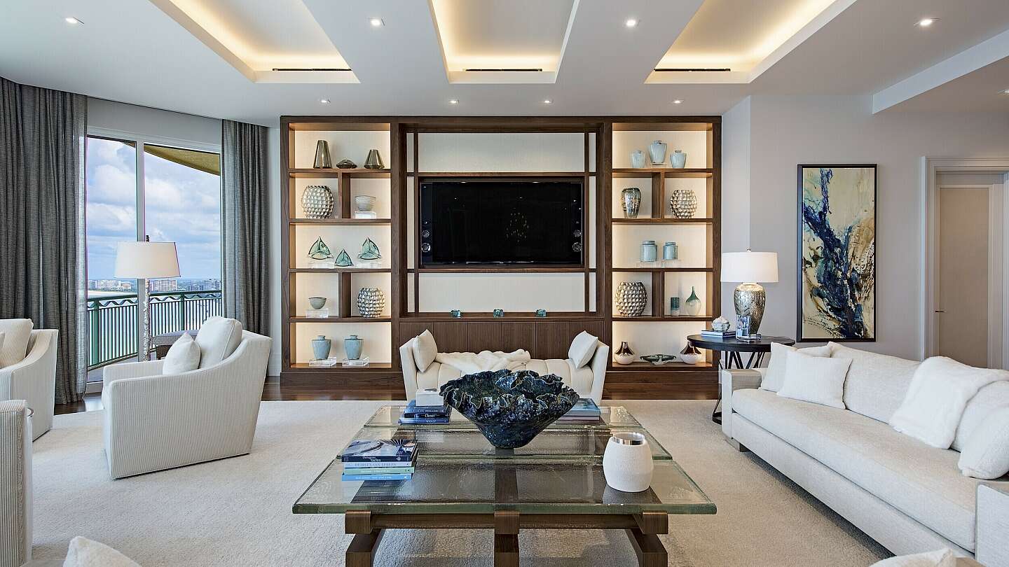 Luxury high-rise condo designed with an open floor concept with custom shelving, St. Petersburg FL